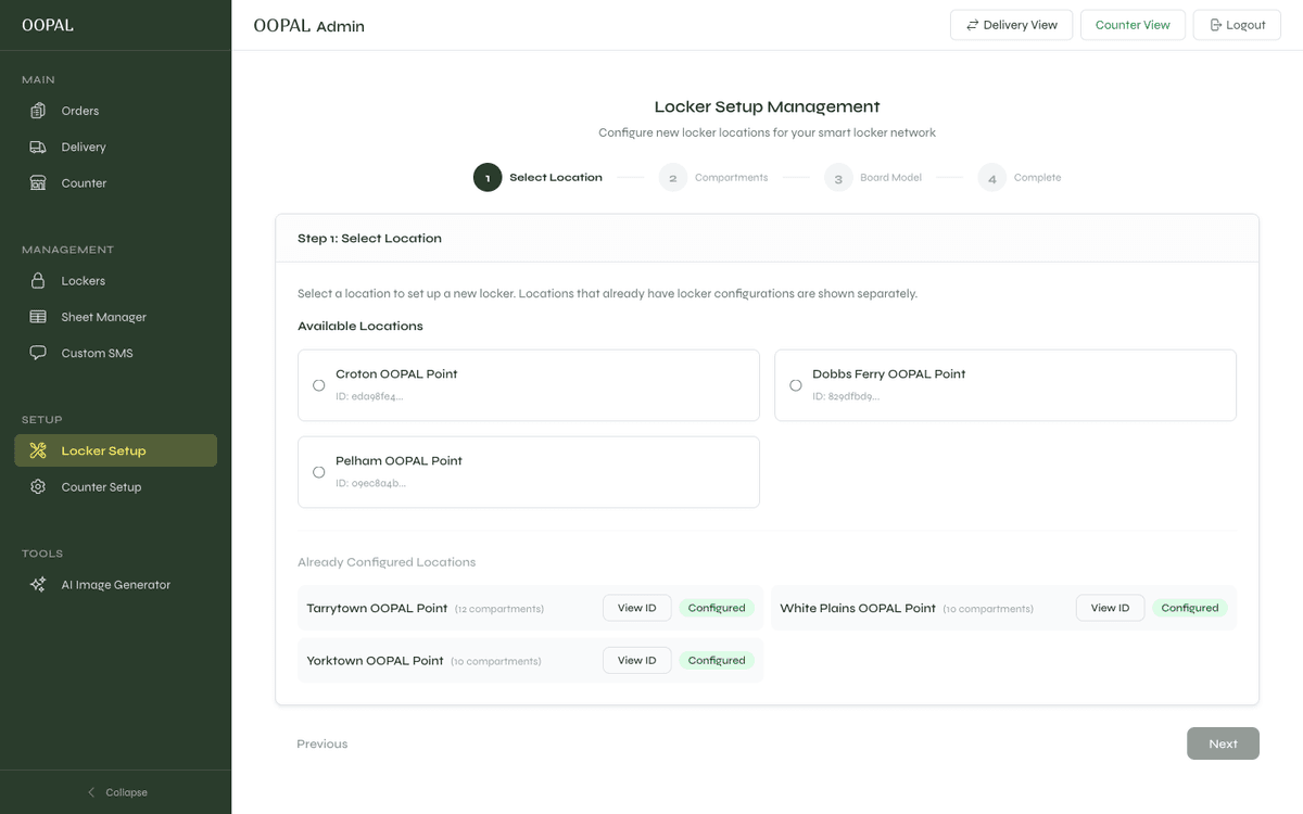 OOPAL admin dashboard, locker setup wizard